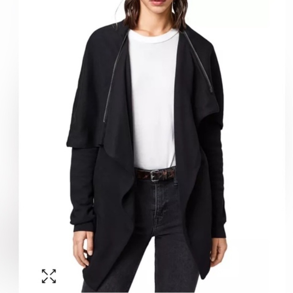 Allsaints dahlia black leather trim sleeves collar zip S sweatshirt cardigan